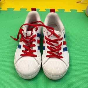 adidas Kids White Sneakers with Red Laces and Blue Stripes